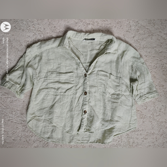 Zara Tops - Women Casual 100% Linen Shirt Light Green Size Medium Collared